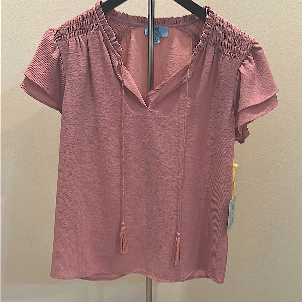 CeCe Pink Flutter Sleeve Smocked Blouse